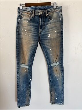 Forever 21 Blue Distressed Slim Paint-Splatter Jeans Mid Rise Indigo 32x30